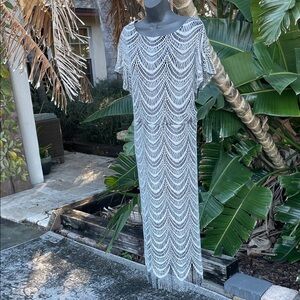 Silver metallic lace dress with fringe